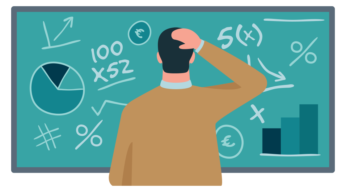 man kijkt naar schoolbord met verschillende formules